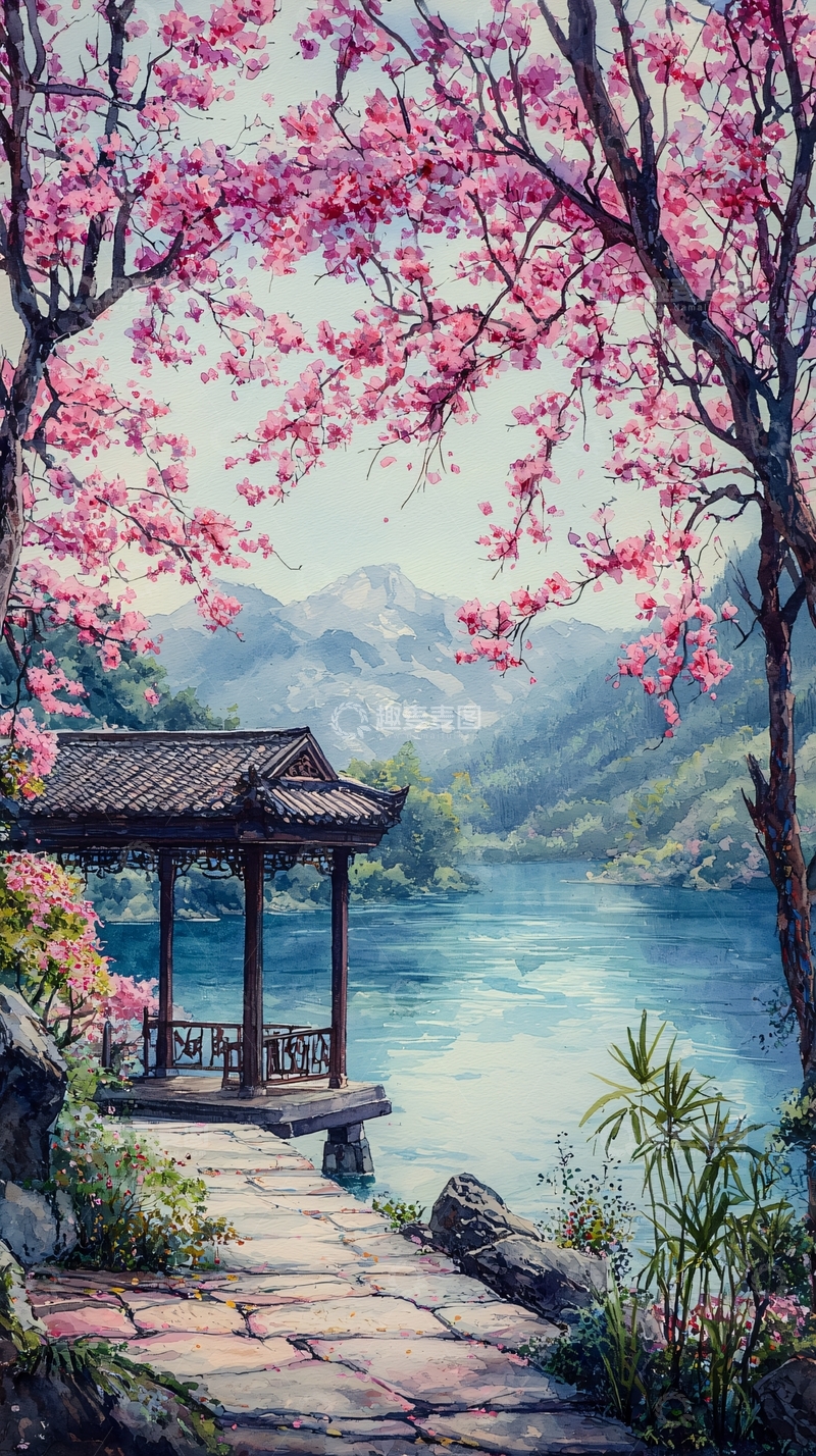 高清大图下载【趣麦麦图】樱花树下的中国凉亭