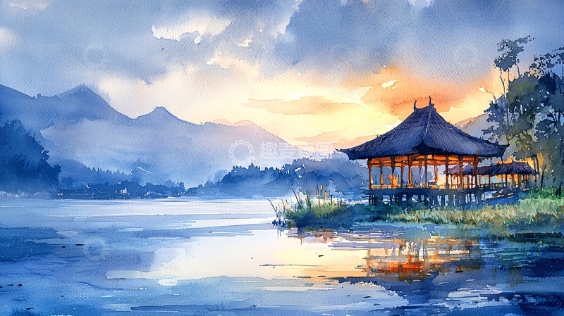 高清大图下载【趣麦麦图】水边日出中式建筑的风景