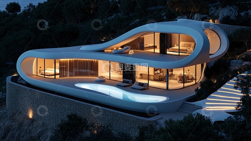 高清大图下载【趣麦麦图】流线型现代别墅夜景
