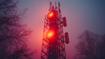 雾中红色灯光通讯塔