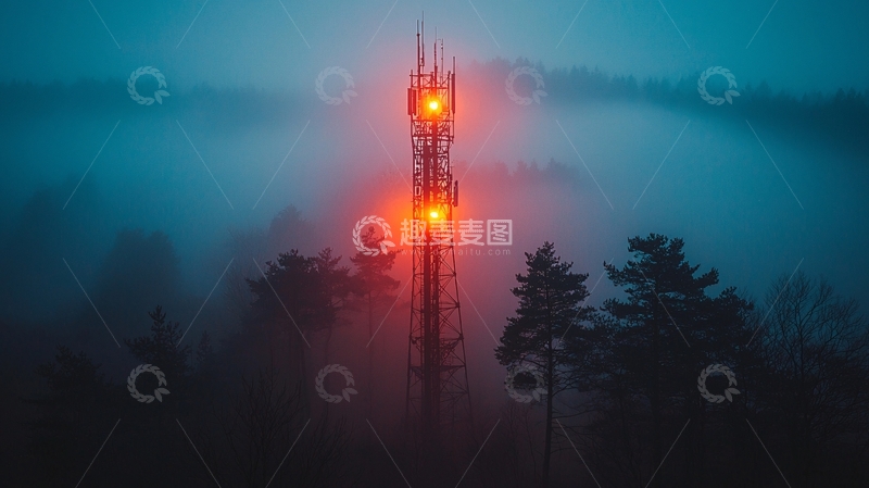 高清大图下载【趣麦麦图】雾中发光的通讯塔