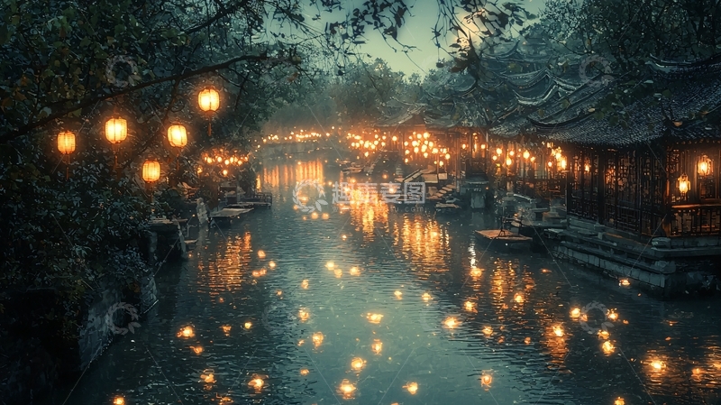 高清大图下载【趣麦麦图】古镇夜景