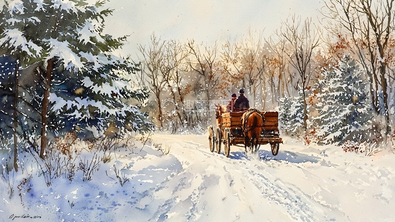 高清大图下载【趣麦麦图】雪地马车风景画