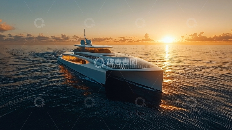 高清大图下载【趣麦麦图】夕阳下豪华游艇海上航行