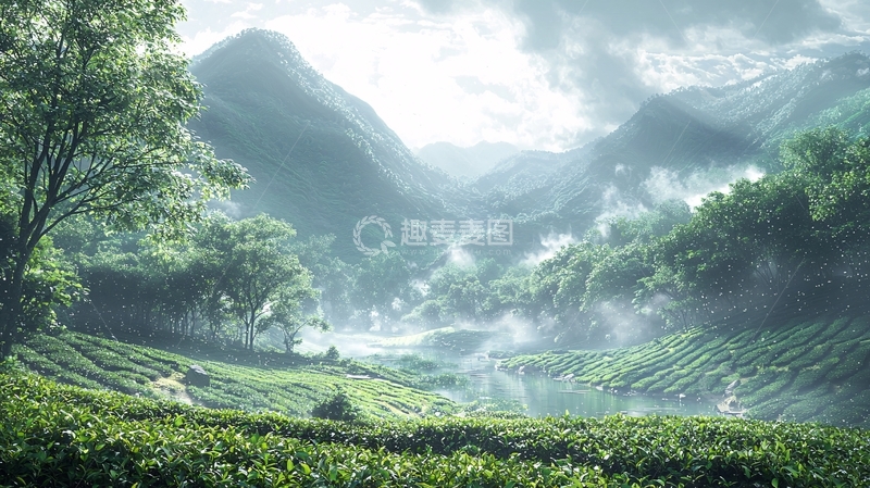 高清大图下载【趣麦麦图】绿色山谷云雾缭绕