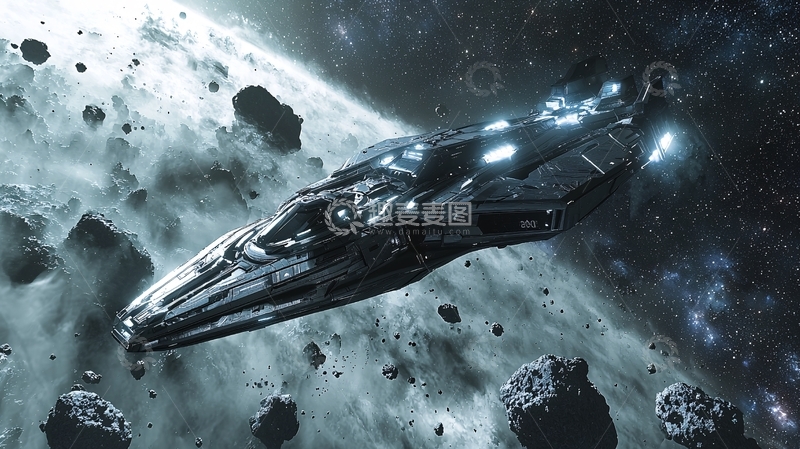 高清大图下载【趣麦麦图】宇宙飞船在小行星带航行