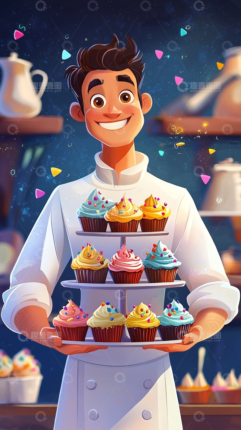 高清大图下载【趣麦麦图】快乐厨师展示纸杯蛋糕