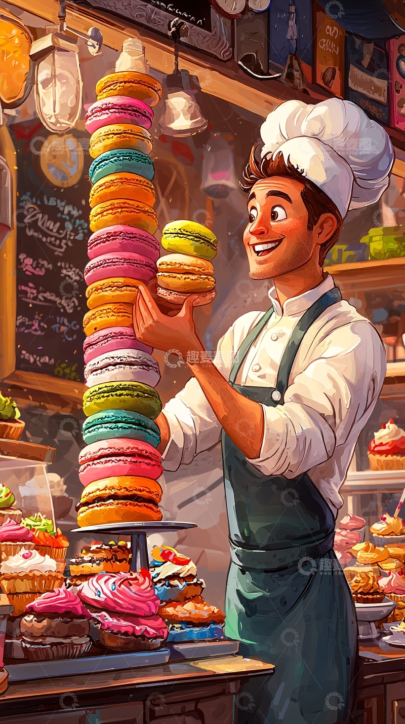 高清大图下载【趣麦麦图】糕点师与高塔般的马卡龙