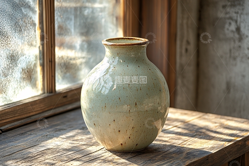 高清大图下载【趣麦麦图】-窗边复古陶瓷花瓶