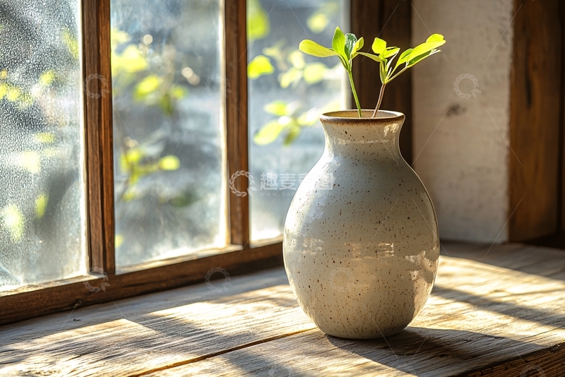 高清大图下载【趣麦麦图】窗边复古陶瓷花瓶