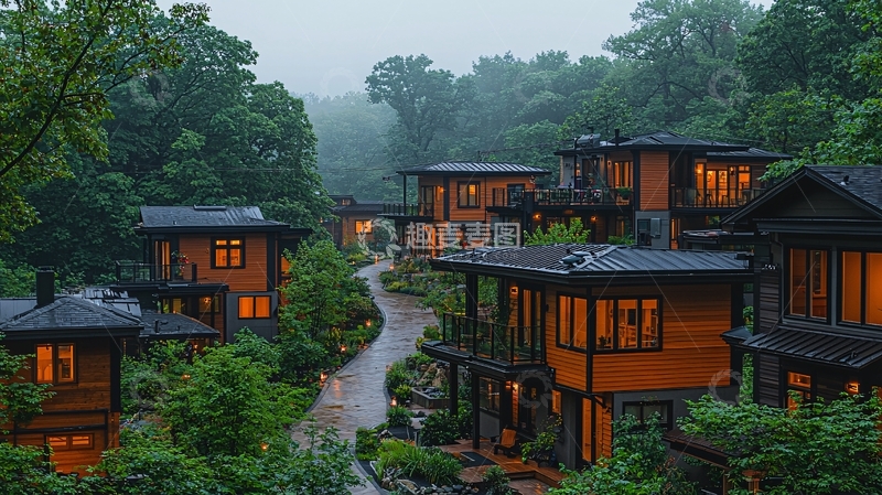 高清大图下载【趣麦麦图】雨中徽派建筑群