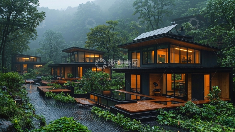 高清大图下载【趣麦麦图】雨中日式木屋群