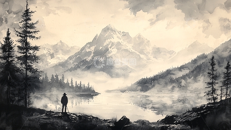 高清大图下载【趣麦麦图】水墨画风格山水风景