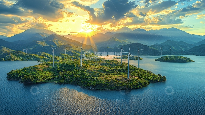 高清大图下载【趣麦麦图】山峦湖泊风力发电