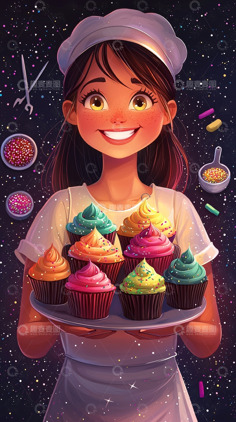 高清大图下载【趣麦麦图】卡通女孩拿着纸杯蛋糕