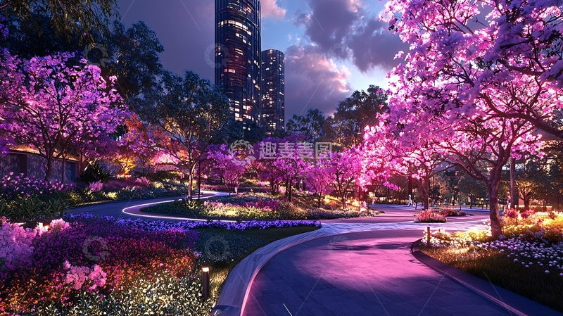 高清大图下载【趣麦麦图】梦幻紫粉色夜景公园