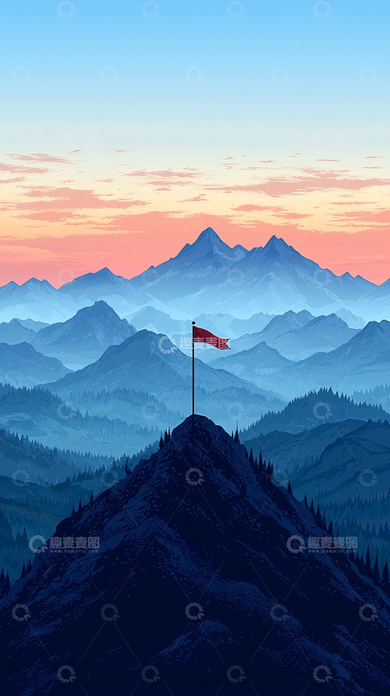 高清大图下载【趣麦麦图】山顶上的红旗插在顶峰