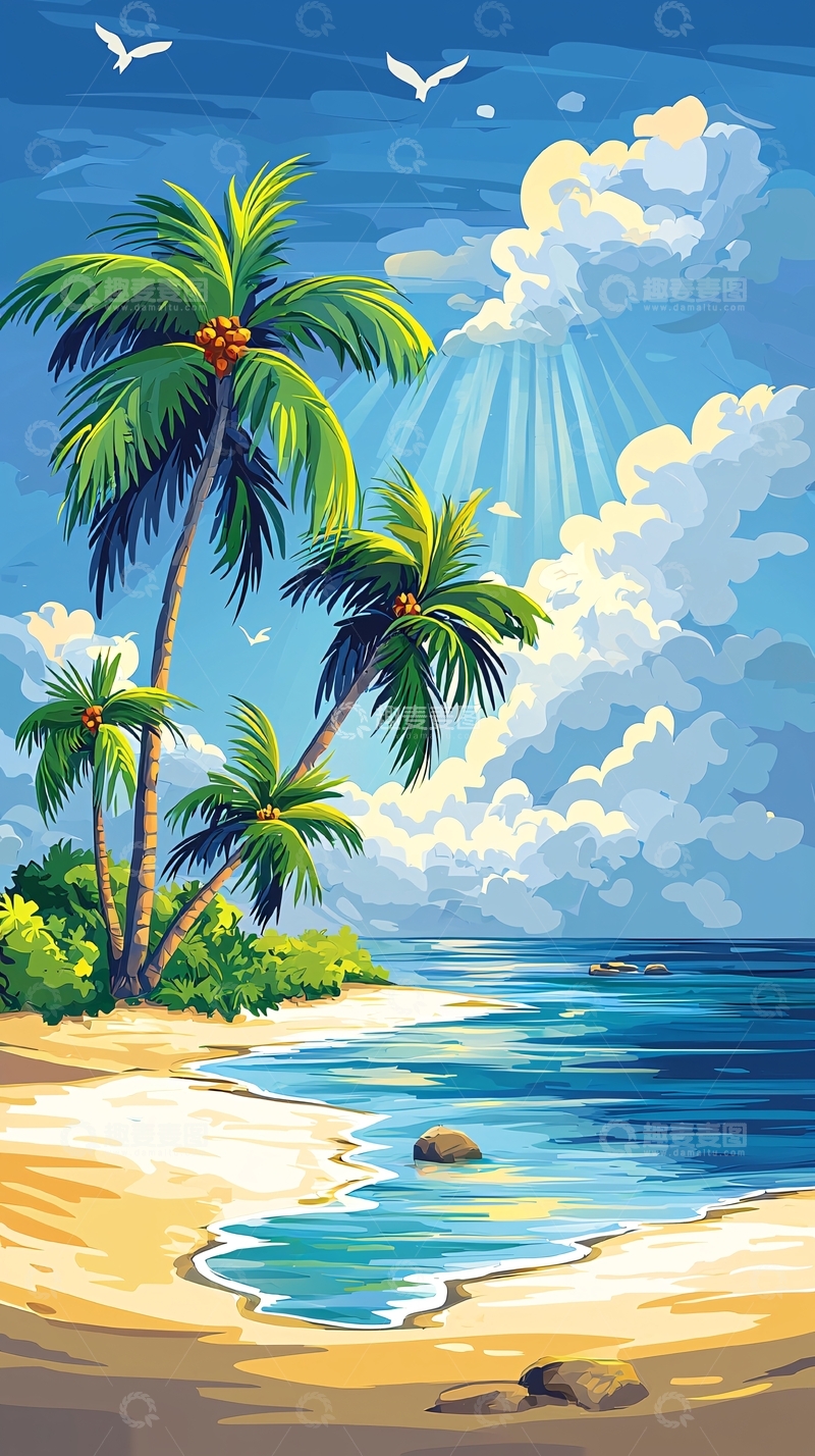 高清大图下载【趣麦麦图】海边椰树白云的风景