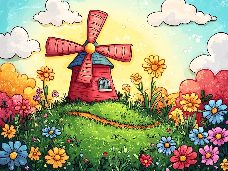 高清大图下载【趣麦麦图】卡通风车花草地
