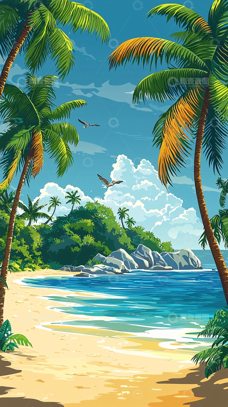 高清大图下载【趣麦麦图】热带海滩风景卡通画