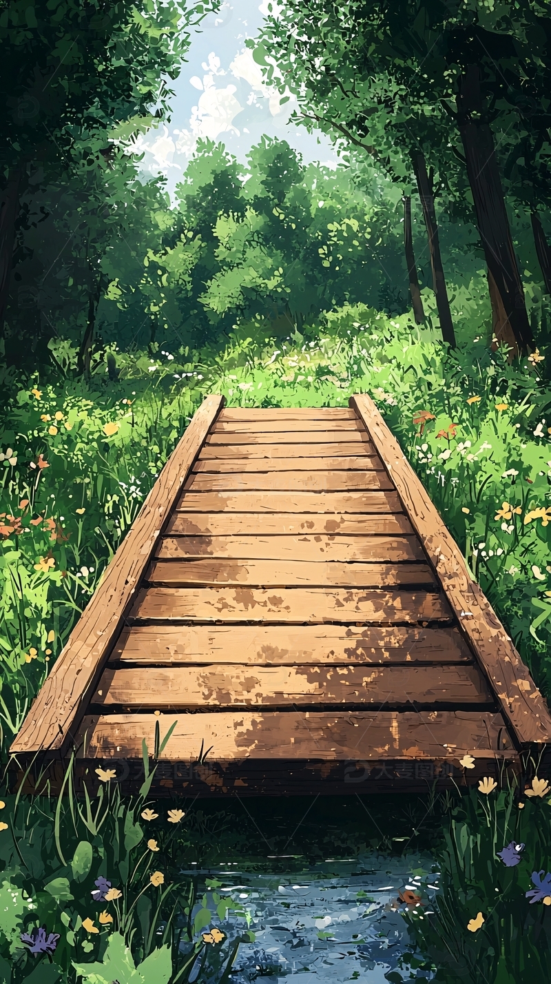 高清大图下载【趣麦麦图】森林小径上的木桥