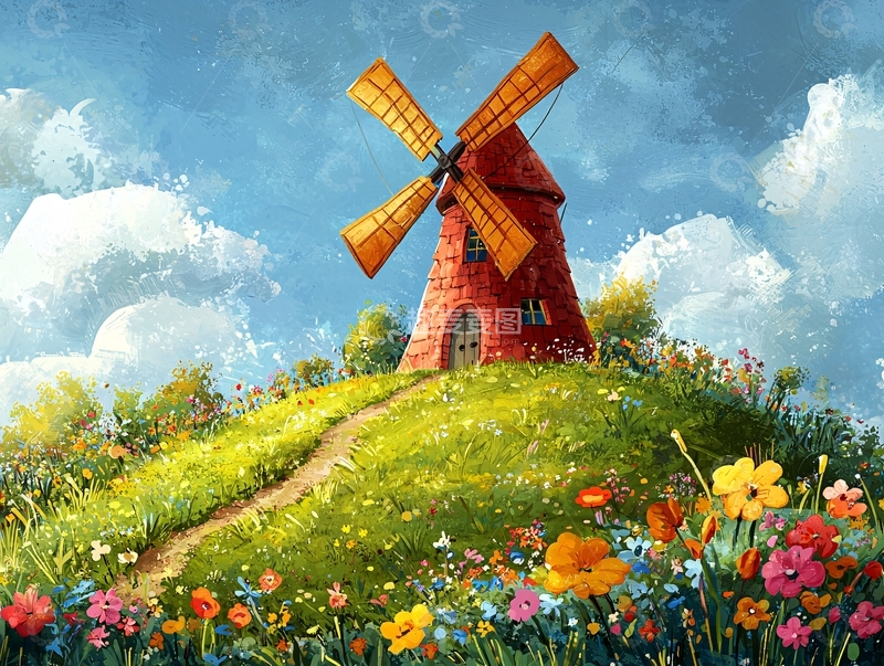 高清大图下载【趣麦麦图】红色风车在山顶