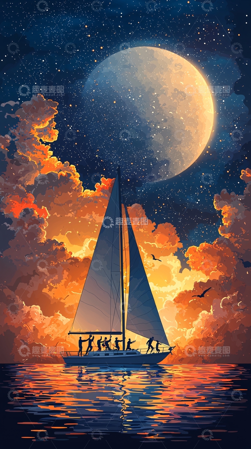 高清大图下载【趣麦麦图】夜空下的大帆船