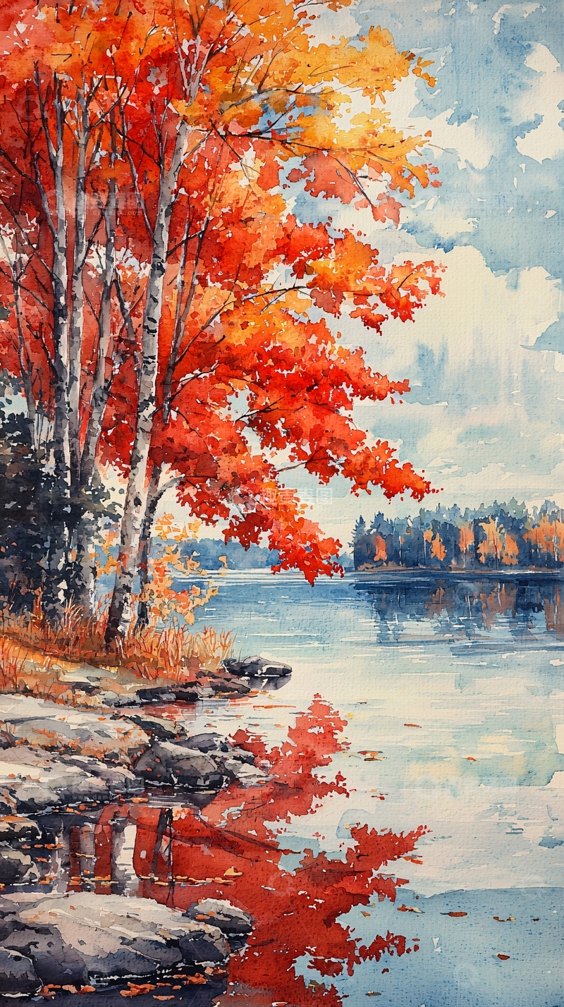 高清大图下载【趣麦麦图】秋日湖边红叶树