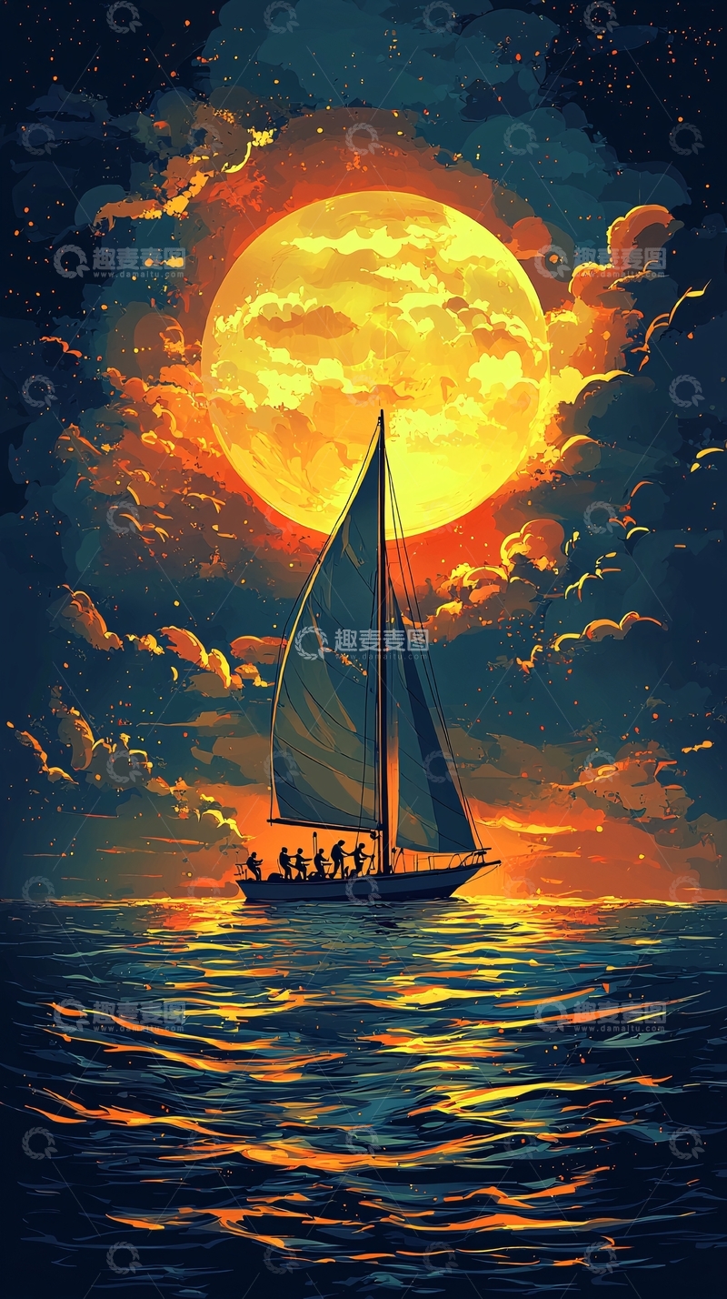 高清大图下载【趣麦麦图】巨型月亮下的帆船