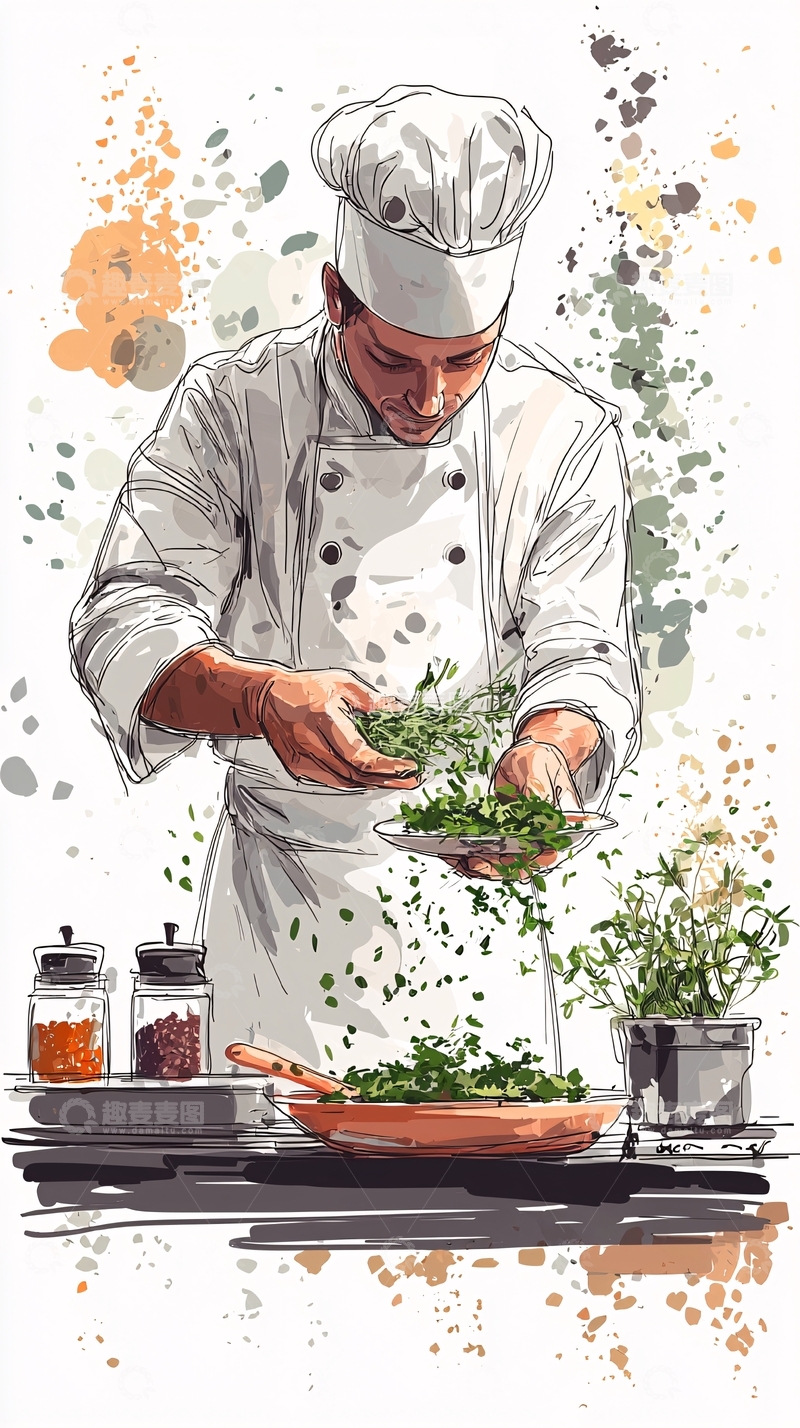 高清大图下载【趣麦麦图】厨师烹饪美食插画