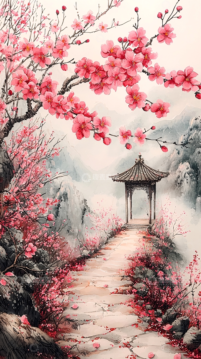 高清大图下载【趣麦麦图】粉色花树下的亭子小路