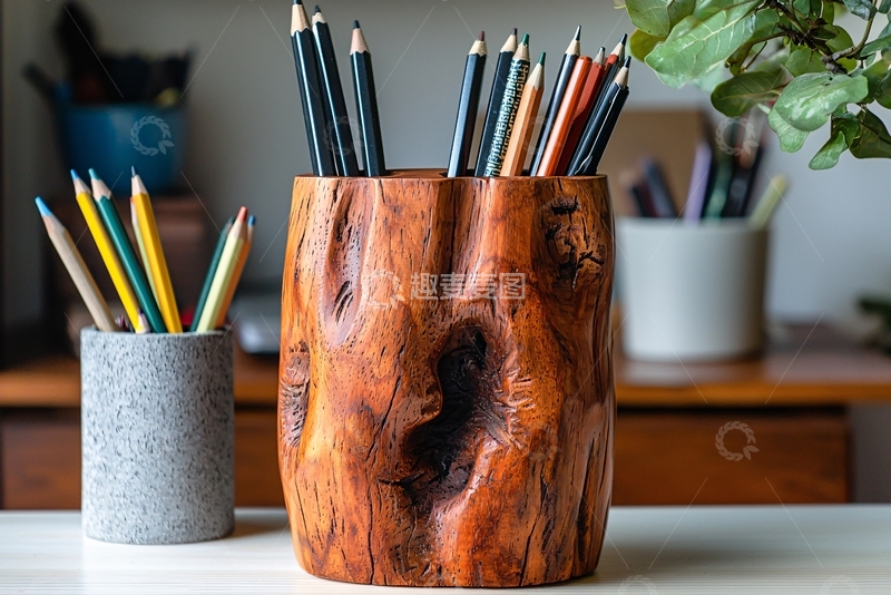 高清大图下载【趣麦麦图】木质笔筒和彩色铅笔