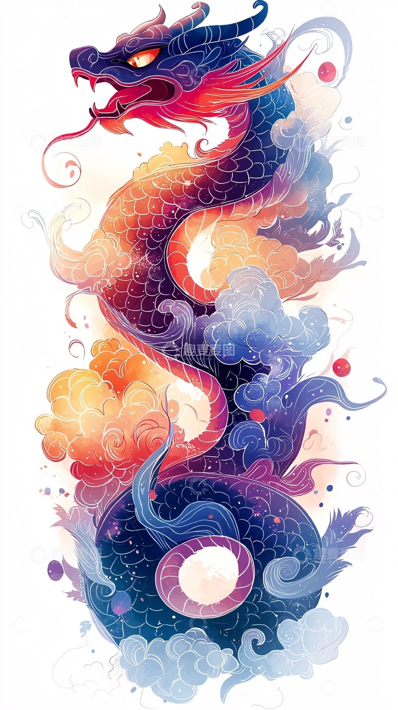 高清大图下载【趣麦麦图】中国风水彩龙