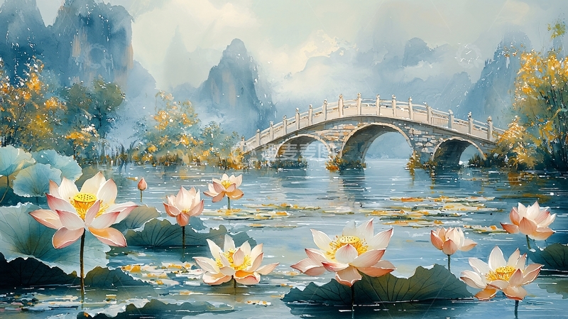 高清大图下载【趣麦麦图】水墨风莲花桥梁山水画