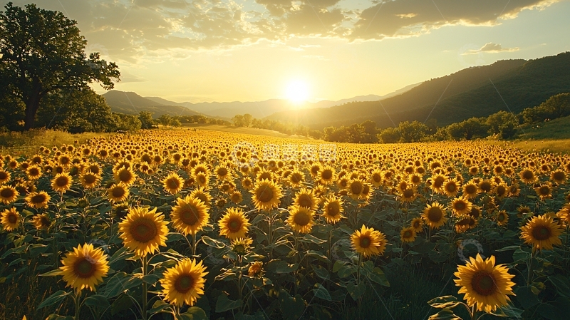 高清大图下载【趣麦麦图】向日葵田落日余晖