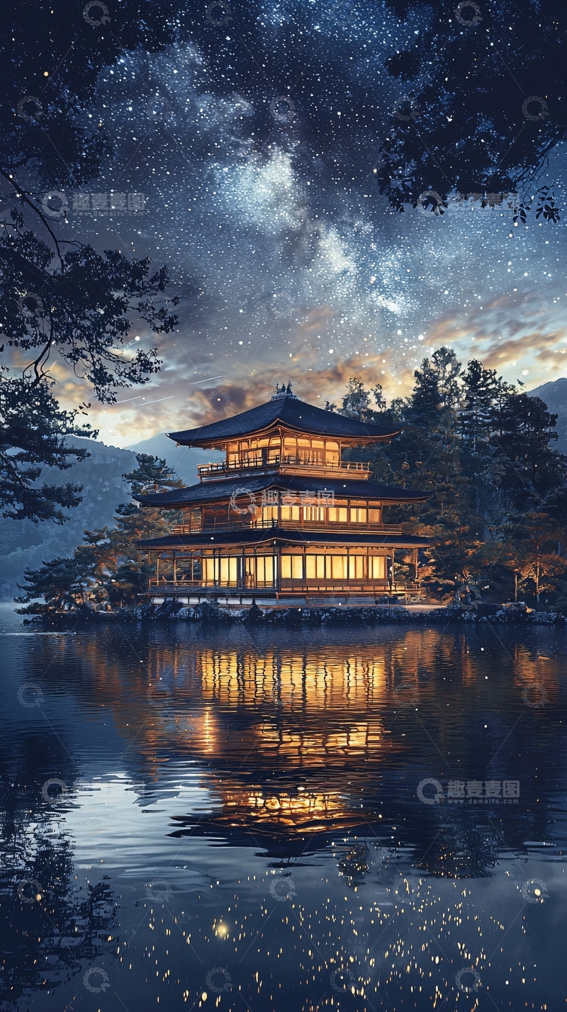 高清大图下载【趣麦麦图】夜空下的湖边寺庙