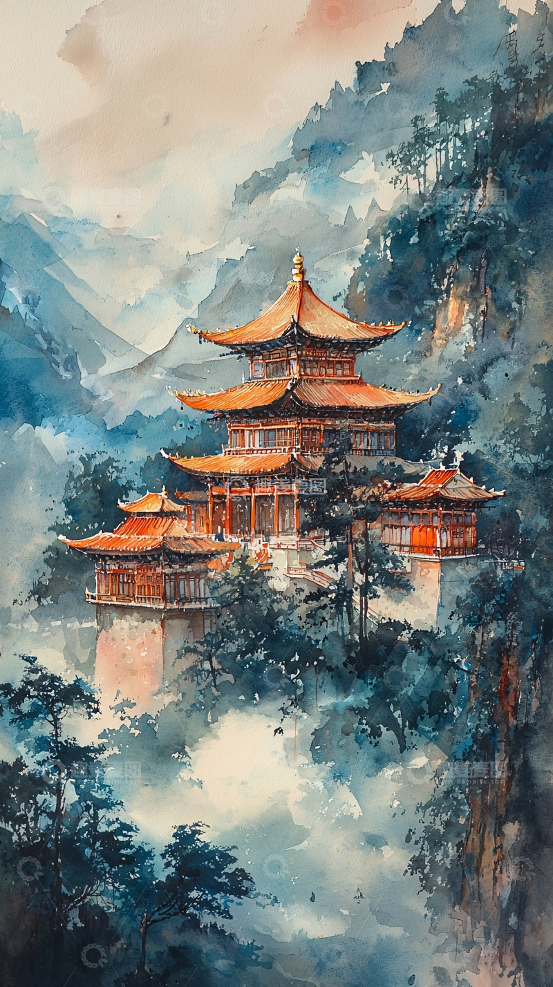 高清大图下载【趣麦麦图】山间寺庙水彩画