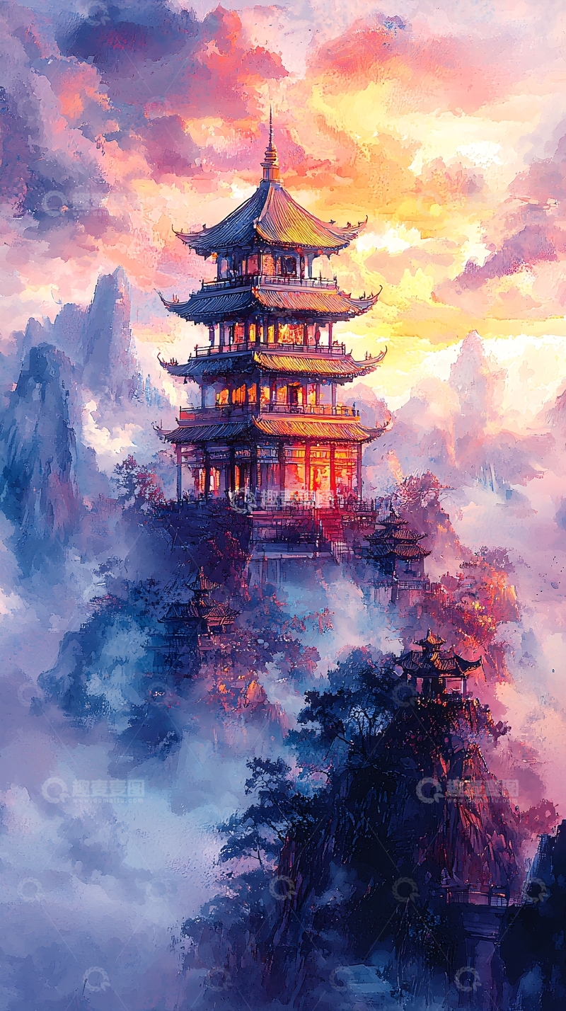 高清大图下载【趣麦麦图】云雾缭绕的山顶寺庙
