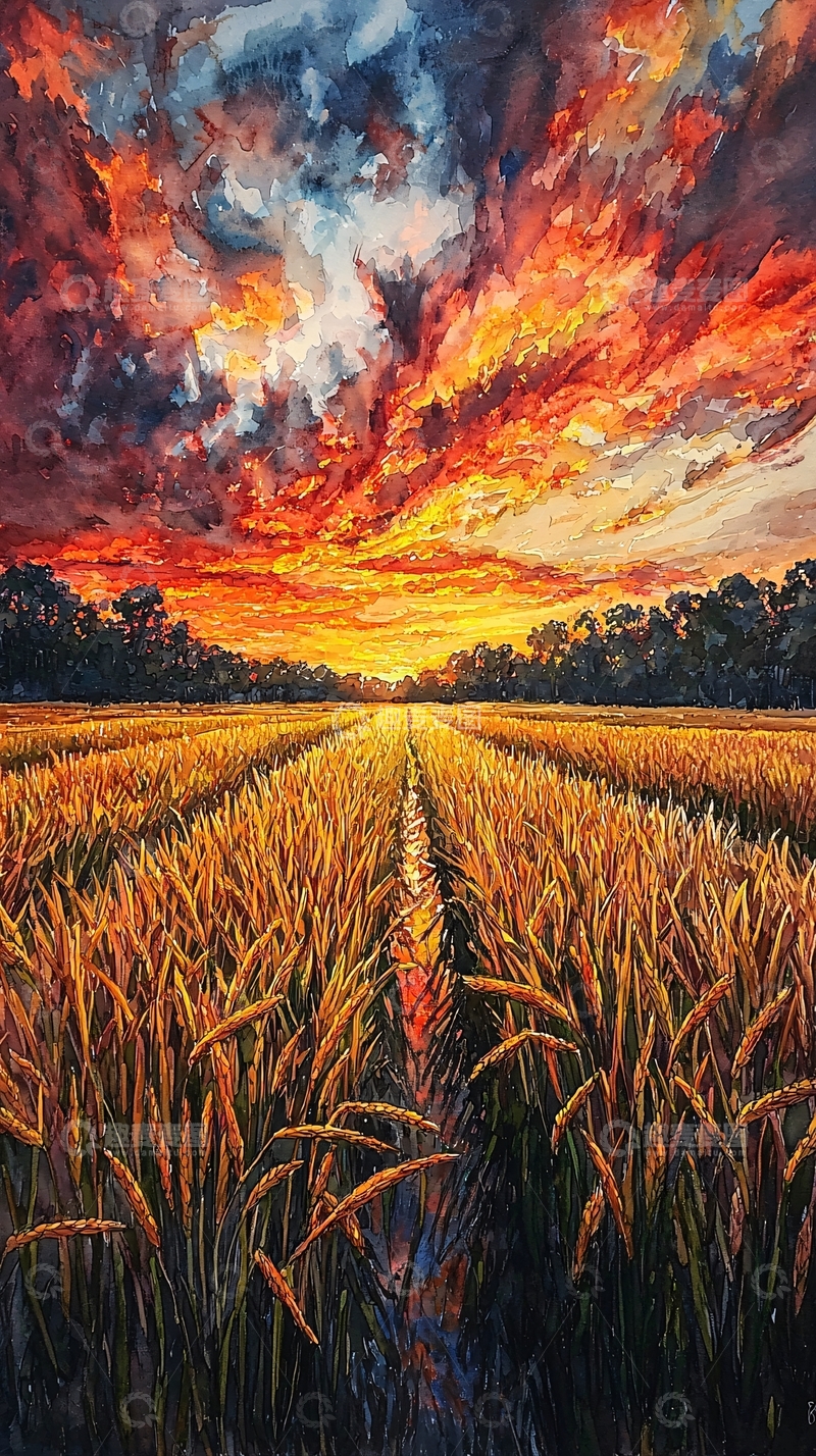 高清大图下载【趣麦麦图】麦田夕阳下的壮丽景色