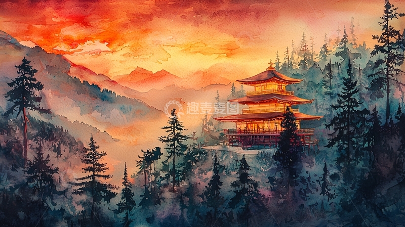 高清大图下载【趣麦麦图】日落山谷佛塔水彩画