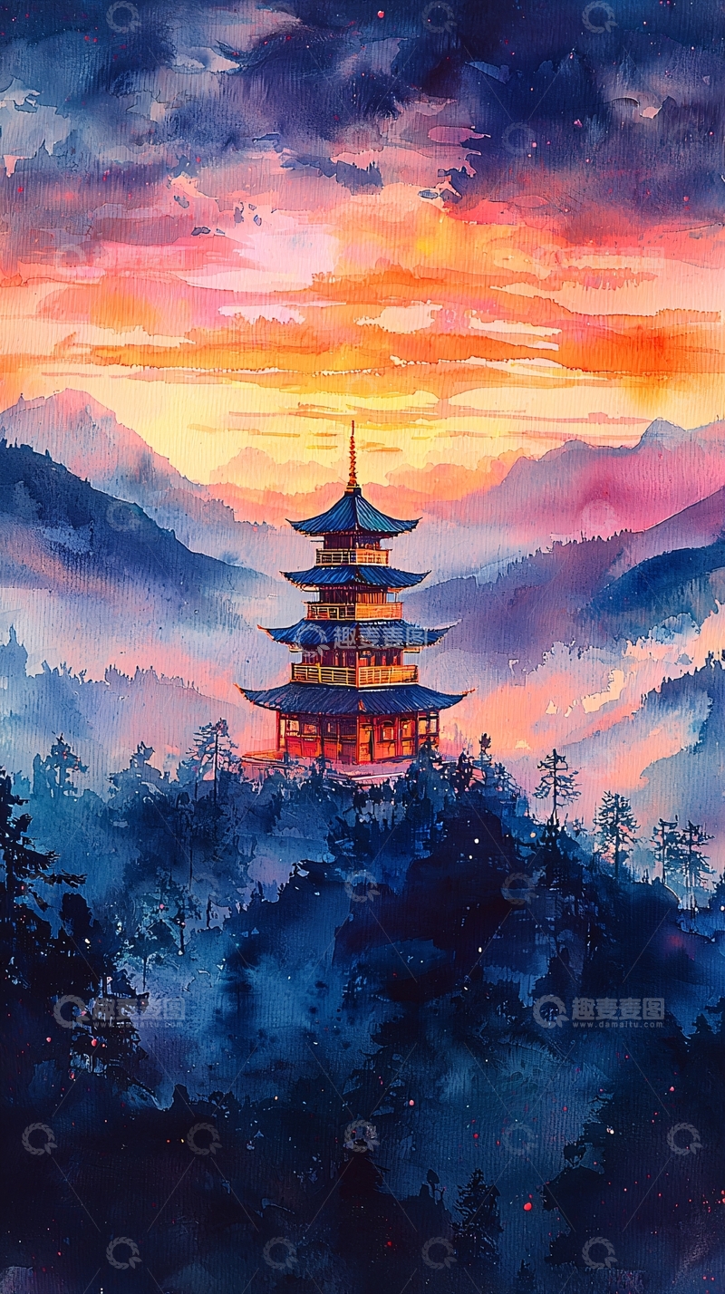 高清大图下载【趣麦麦图】日落山景下的五层宝塔