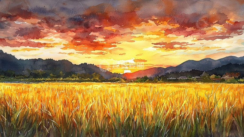 高清大图下载【趣麦麦图】水彩夕阳麦田风景画