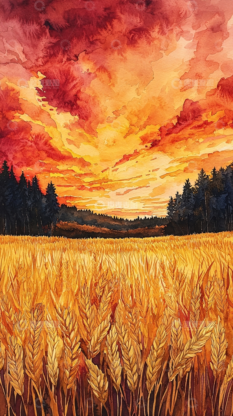 高清大图下载【趣麦麦图】夕阳西下麦田风光