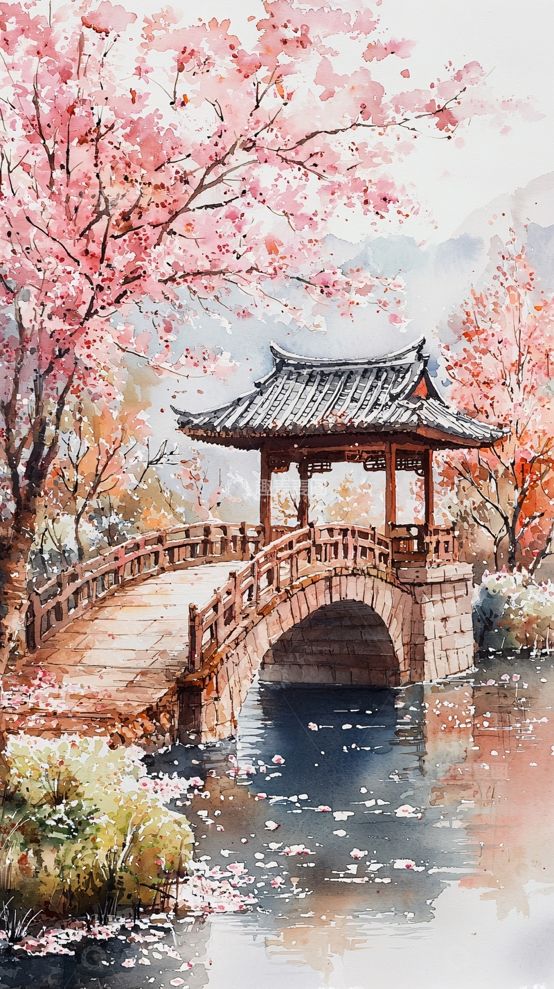 高清大图下载【趣麦麦图】水彩风桥梁亭台樱花景色