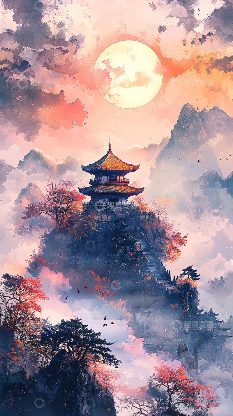 高清大图下载【趣麦麦图】水墨画风格日式建筑