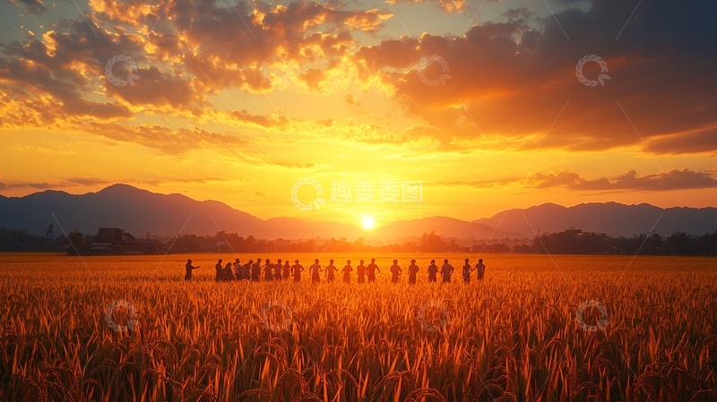 高清大图下载【趣麦麦图】夕阳麦田人群剪影
