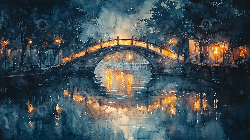 高清大图下载【趣麦麦图】夜晚拱桥倒影
