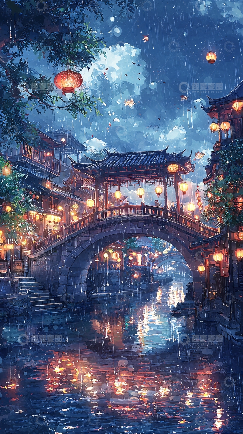 高清大图下载【趣麦麦图】雨夜古镇
