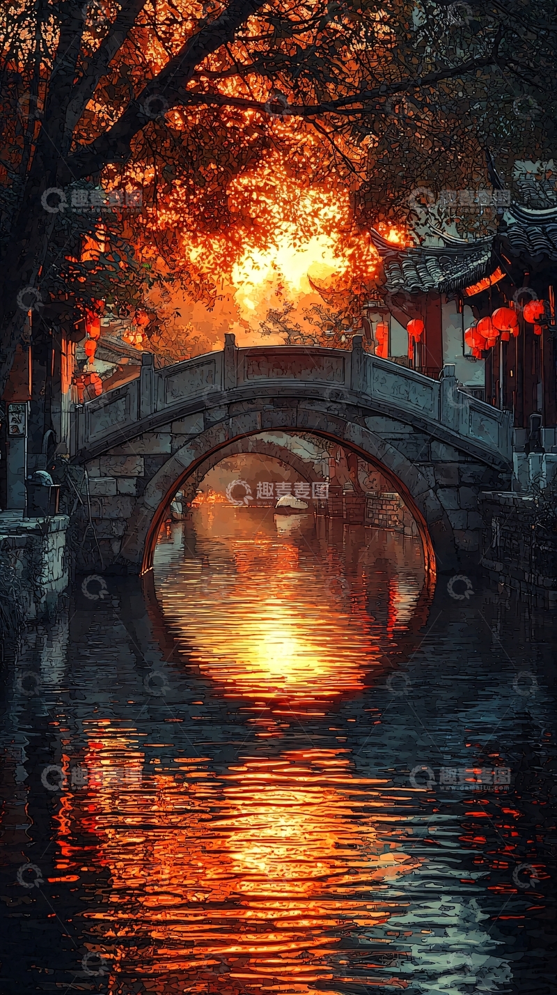 高清大图下载【趣麦麦图】水面倒影古桥