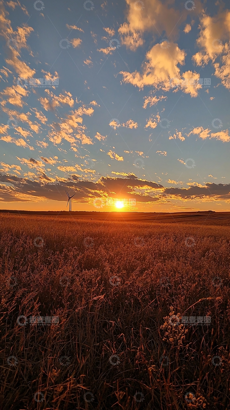 高清大图下载【趣麦麦图】夕阳下的麦田风车
